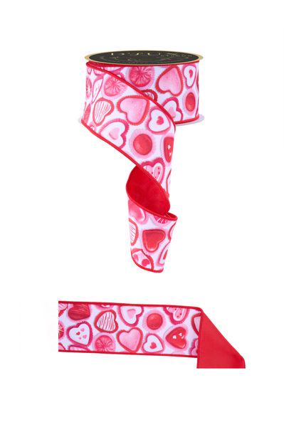 2.5" x 10yd Valentine Candy Wired Ribbon – Red Pink White Heart Print, Fused Edge, Valentine’s Day Wreath Bow, Gift Wrapping, DIY Crafts