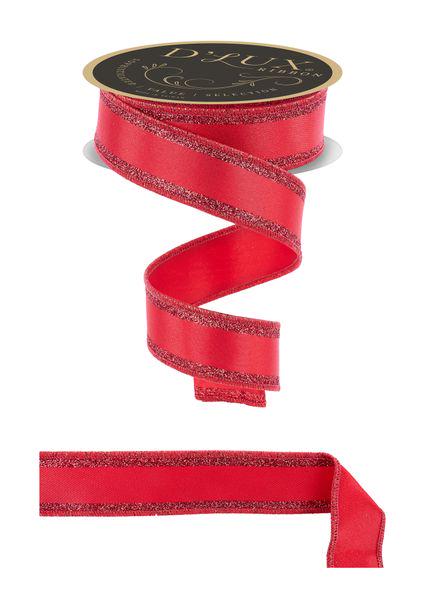 1.5" x 10yd Red Glitter Edge Wired Ribbon – Vertical Glitter Stripe Fused Ribbon for Bows, Wreaths, Gift Wrapping, Valentines, Holiday Decor