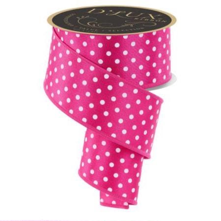 2.5" x 10yd Hot Pink Polka Dot Wired Ribbon – White Dot Fused Edge Ribbon for Bows, Wreaths, Valentine’s Day, Birthday & Baby Shower Decor