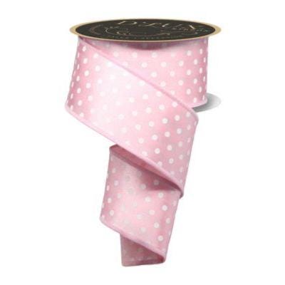 2.5" x 10yd Light Pink Polka Dot Wired Ribbon – Double-Sided White Dot & Stripe Design, Baby Shower, Wreath, Gift Wrapping, Spring Decor