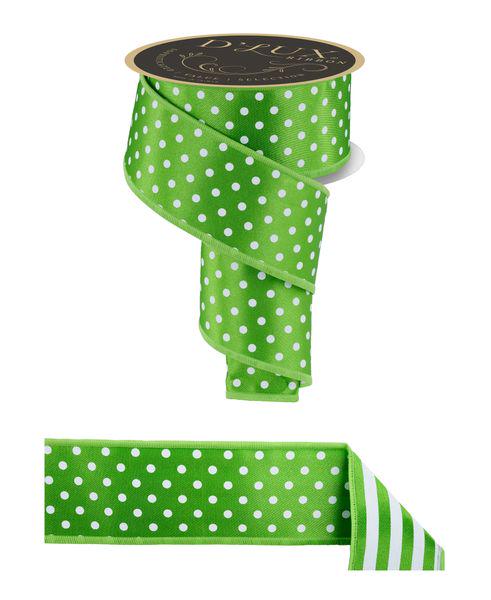 2.5" x 10yd Green Polka Dot & Stripe Wired Ribbon – Double-Sided Fresh Green and White Fused Edge Ribbon for Wreaths, Bows