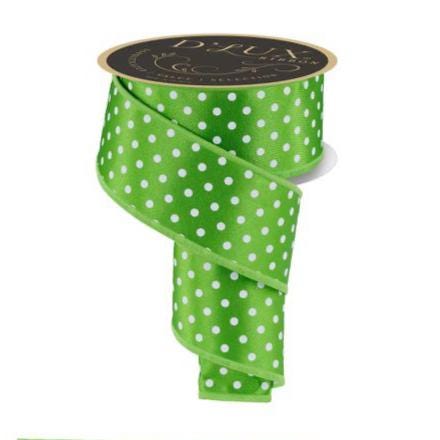 2.5" x 10yd Green Polka Dot & Stripe Wired Ribbon – Double-Sided Fresh Green and White Fused Edge Ribbon for Wreaths, Bows