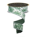 1.5" x 10yd Chinoiserie Floral Wired Ribbon – White & Sage Green Fused Edge Ribbon for Wreaths, Bows, Wedding Decor, Crafts