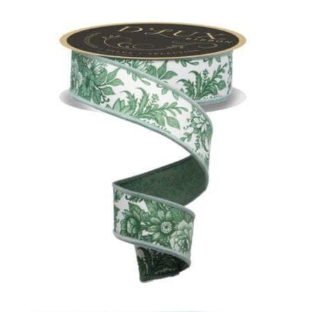 1.5" x 10yd Chinoiserie Floral Wired Ribbon – White & Sage Green Fused Edge Ribbon for Wreaths, Bows, Wedding Decor, Crafts