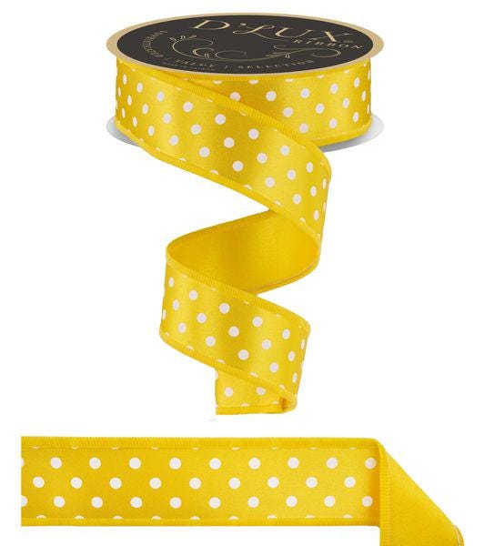1.5" x 10yd Yellow Polka Dot Wired Ribbon – White Dot Fused Edge Craft Ribbon for Spring Bows, Easter Wreaths, Baby Showers & Gift Wrapping