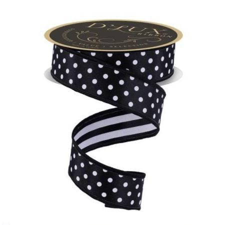 1.5" x 10yd Black & White Polka Dot Wired Ribbon – Double-Sided Stripe Back, Fused Edge for Wreaths, Bows, Gift Wrapping, Everyday Decor