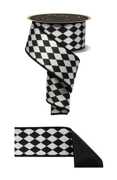 2.5" x 10yd Black & White Harlequin Wired Ribbon – Diamond Pattern Fused Edge Ribbon for Wreaths, Bows, Crafts