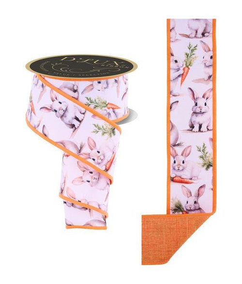 2.5" x 10yd Easter Bunny Ribbon with Rabbits and Carrots, Wired Ribbon for Spring Wreaths, Bows, Baskets, Crafts & Décor