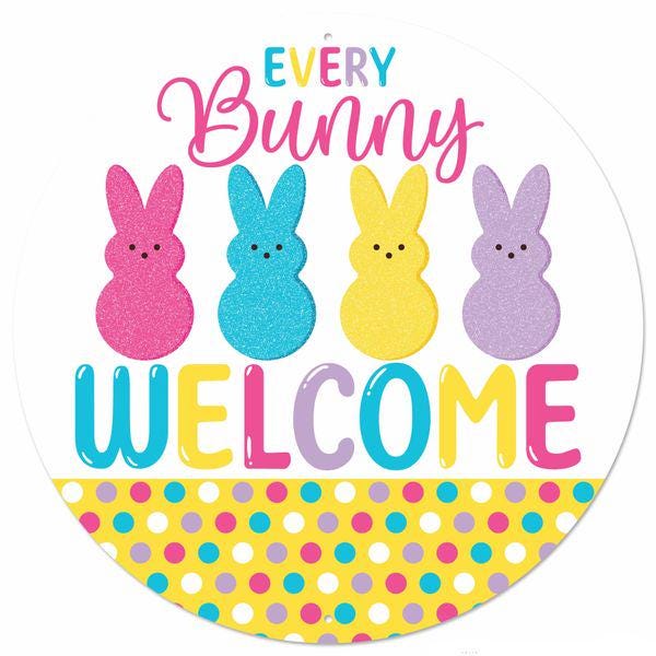 Every Bunny Welcome Easter Sign – 12" Round Glitter Metal Door Hanger | Peeps Bunny Spring Wreath Attachment