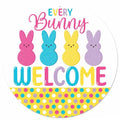 Every Bunny Welcome Easter Sign – 12" Round Glitter Metal Door Hanger | Peeps Bunny Spring Wreath Attachment