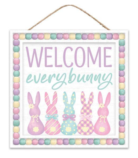 Welcome Every Bunny Easter Sign – 10" Square Pastel Spring Bunny Door Hanger, Wreath Attachment, Porch Decor