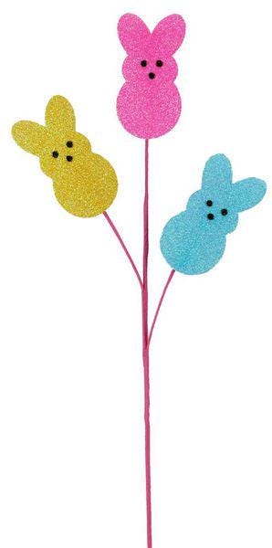 24" Glitter Bunny Spray – Pink, Yellow, Blue | Easter Wreath Pick | Spring Bunny Stem | Glitter Peeps Décor | Easter Basket or Centerpiece