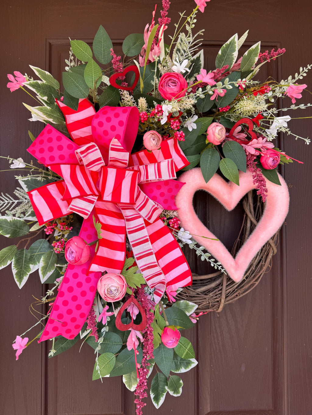 Valentine’s Day Grapevine Heart Wreath, Romantic Front Door, Pink & Red Door Decor