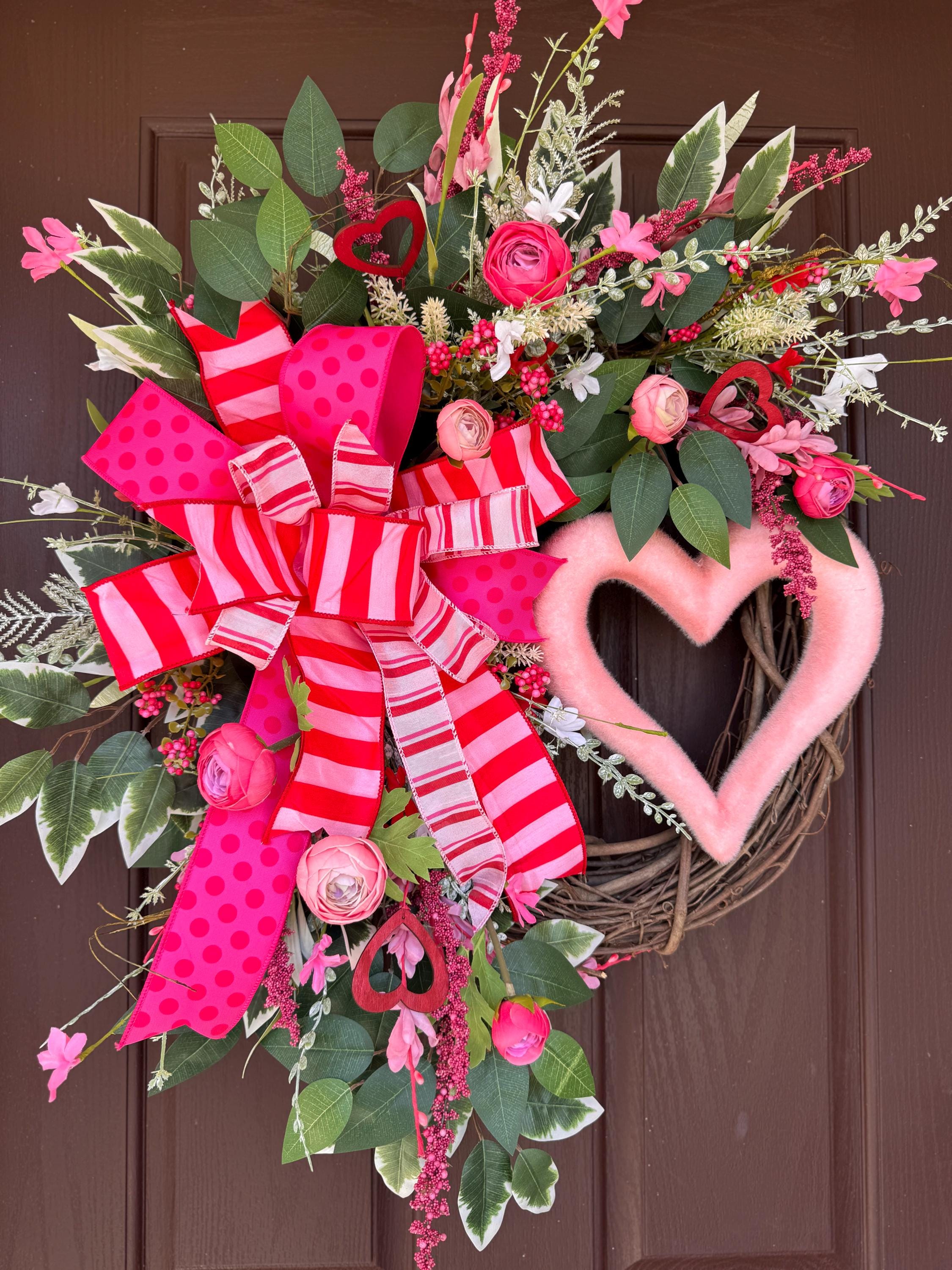 Valentine’s Day Grapevine Heart Wreath, Romantic Front Door, Pink & Red Door Decor