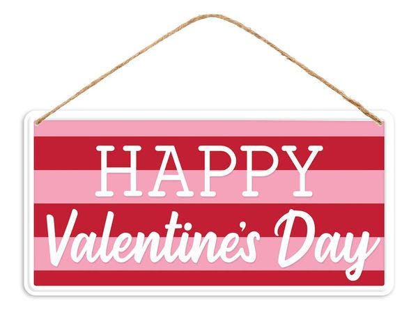 Happy Valentine's Day Tin Sign – 12"x6" Red & Pink Striped Metal Wall Decor