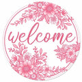 Pink & White Floral Chinoiserie Welcome Sign – 12" Round Metal Door Hanger
