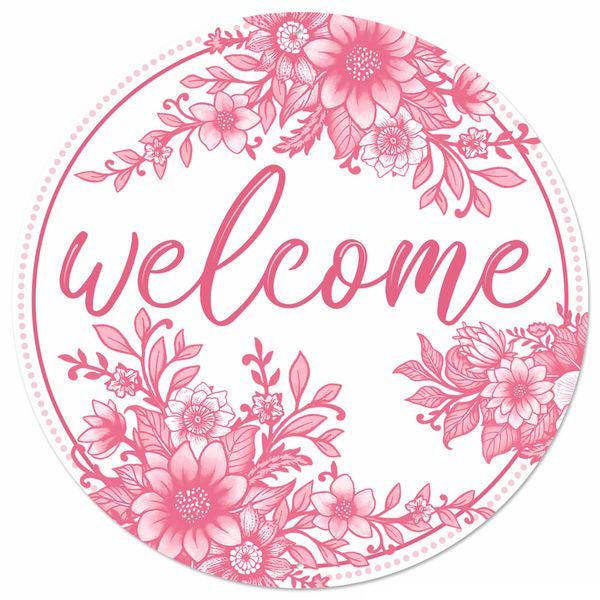 Pink & White Floral Chinoiserie Welcome Sign – 12" Round Metal Door Hanger