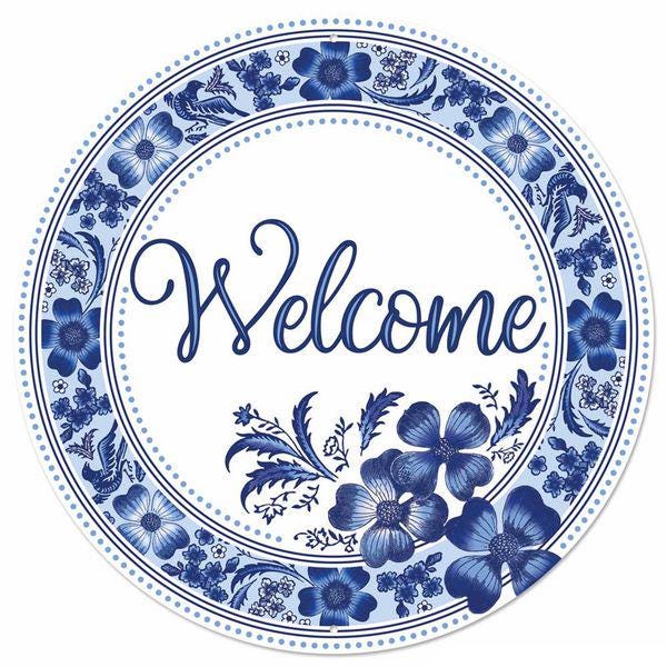 Blue Floral Welcome Sign | 12" Round Metal Door Sign | Chinoiserie Style Wall Decor
