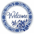 Blue Floral Welcome Sign | 12" Round Metal Door Sign | Chinoiserie Style Wall Decor