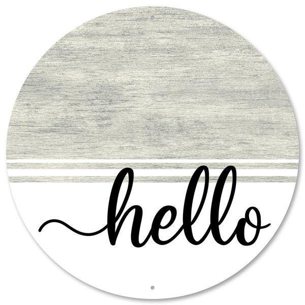 Hello Sign Wreath Sign – 12" Round Metal Wall Decor | Rustic Grey Wood Look Welcome Sign | Front Door or Porch Greeting