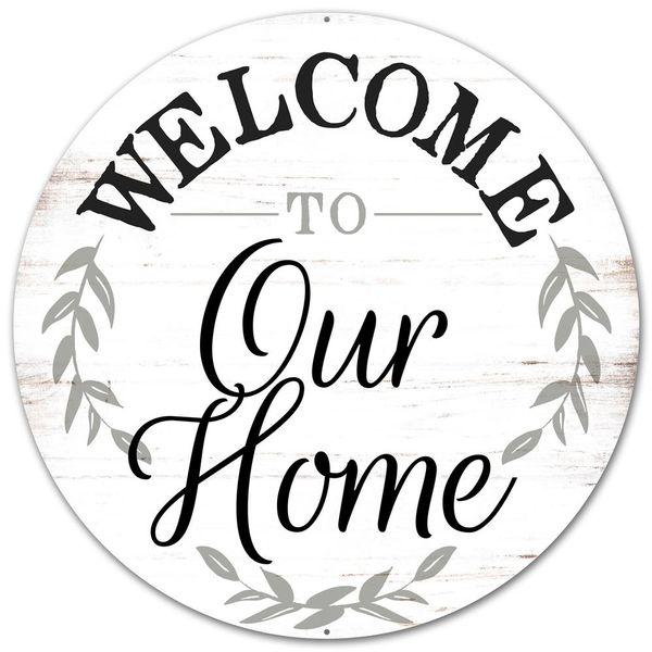 Welcome To Our Home Sign – 12" Round Metal Wreath Attachment, Rustic Farmhouse Front Door Sign, Porch Entryway Accent