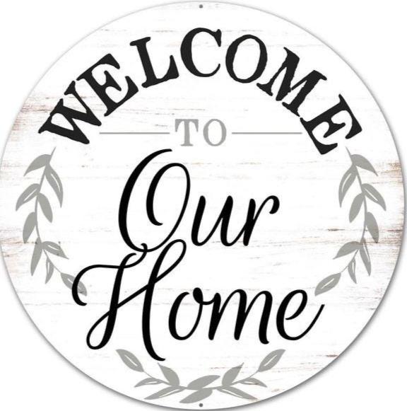 Welcome To Our Home Sign – 12" Round Metal Wreath Attachment, Rustic Farmhouse Front Door Sign, Porch Entryway Accent