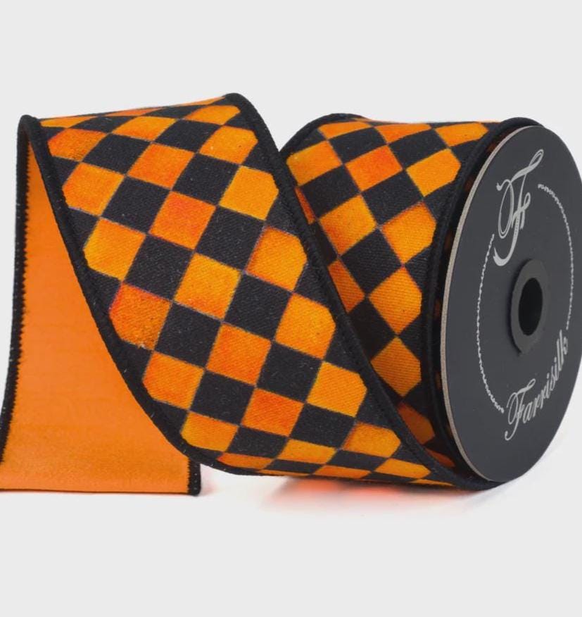 Farrisilk Sketch Checks Orange Ribbon 2.5" x 10yd – Wired Edge, Halloween Fall Craft, Wreath Bow, Premium Designer Ribbon