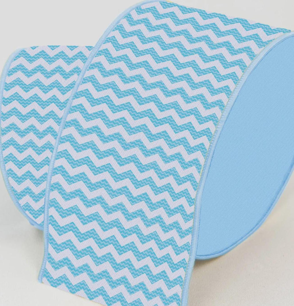 Farrisilk Summer Chevron Blue Ribbon 4" x 10yd – Wired Edge Wide Ribbon for Wreaths, Bows, Crafts, Gift Wrap