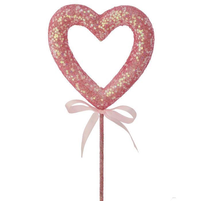 Pink Glitter Heart Stem Open Heart Valentine’s Day Pick 21" Long, Sparkly Floral Accent, Romantic Decoration for Wreaths, Bouquets & Crafts