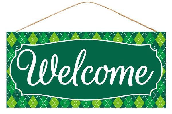 12.5" Welcome Wreath Sign – Green Argyle Plaid Door Hanger, Spring & St. Patrick’s Day Wreath Attachment, Everyday Farmhouse Porch Decor