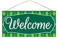 12.5" Welcome Wreath Sign – Green Argyle Plaid Door Hanger, Spring & St. Patrick’s Day Wreath Attachment, Everyday Farmhouse Porch Decor