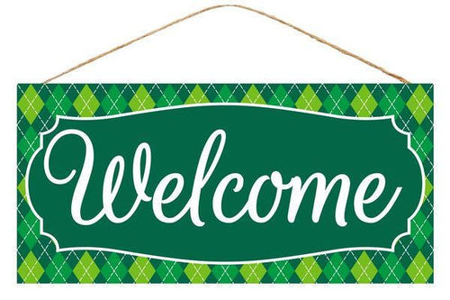 12.5" Welcome Wreath Sign – Green Argyle Plaid Door Hanger, Spring & St. Patrick’s Day Wreath Attachment, Everyday Farmhouse Porch Decor