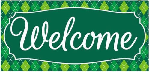 12.5" Welcome Wreath Sign – Green Argyle Plaid Door Hanger, Spring & St. Patrick’s Day Wreath Attachment, Everyday Farmhouse Porch Decor