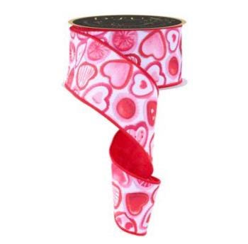 2.5" x 10yd Valentine Candy Wired Ribbon – Red Pink White Heart Print, Fused Edge, Valentine’s Day Wreath Bow, Gift Wrapping, DIY Crafts