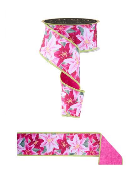 2.5" x 10yd Lily Wired Ribbon – Pink Green Yellow Floral Print, Fused Edge Spring Ribbon for Wreaths, Bows, Gift Wrapping & DIY Decor