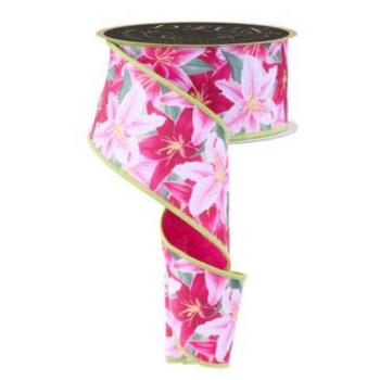 2.5" x 10yd Lily Wired Ribbon – Pink Green Yellow Floral Print, Fused Edge Spring Ribbon for Wreaths, Bows, Gift Wrapping & DIY Decor