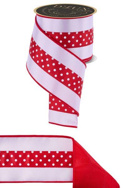 4" x 10yd Red & White Polka Dot Wired Ribbon, Fused Stripe Design for Valentine’s, Patriotic Decor, Wreaths, Bows, Gift Wrapping