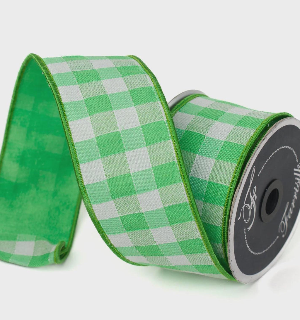 Farrisilk Stitchery Lime Green Gingham Ribbon 2.5" x 10yd – Wired Edge Spring Summer Wreath Bow Craft Ribbon