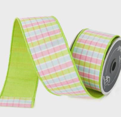 Farrisilk Pastel Plaid Ribbon – Light Pink & Lime Green 2.5" x 10yd | Wired Spring Easter Ribbon for Wreaths, Bows, Crafts