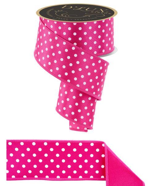 2.5" x 10yd Hot Pink Polka Dot Wired Ribbon – White Dot Fused Edge Ribbon for Bows, Wreaths, Valentine’s Day, Birthday & Baby Shower Decor