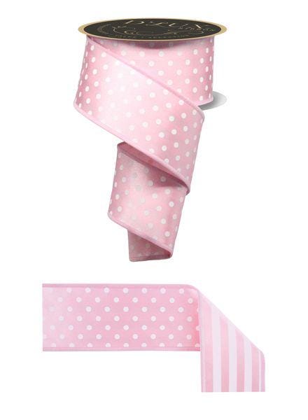 2.5" x 10yd Light Pink Polka Dot Wired Ribbon – Double-Sided White Dot & Stripe Design, Baby Shower, Wreath, Gift Wrapping, Spring Decor