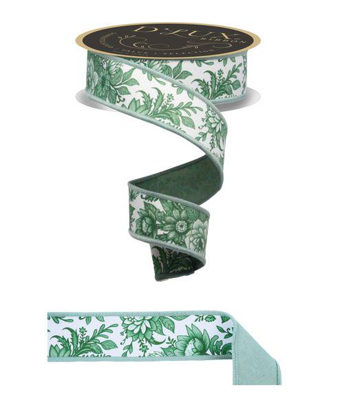 1.5" x 10yd Chinoiserie Floral Wired Ribbon – White & Sage Green Fused Edge Ribbon for Wreaths, Bows, Wedding Decor, Crafts