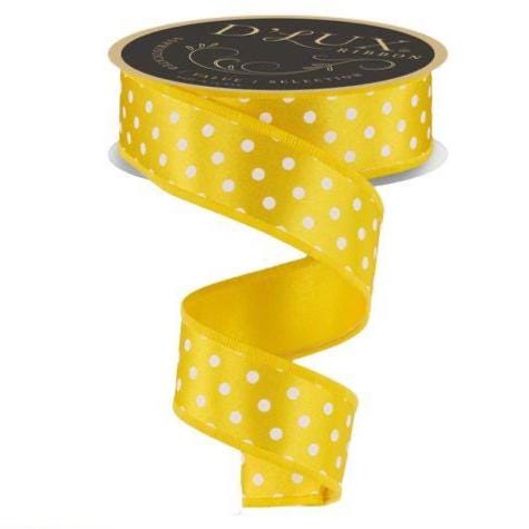 1.5" x 10yd Yellow Polka Dot Wired Ribbon – White Dot Fused Edge Craft Ribbon for Spring Bows, Easter Wreaths, Baby Showers & Gift Wrapping