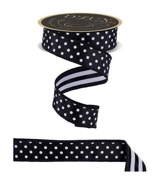 1.5" x 10yd Black & White Polka Dot Wired Ribbon – Double-Sided Stripe Back, Fused Edge for Wreaths, Bows, Gift Wrapping, Everyday Decor