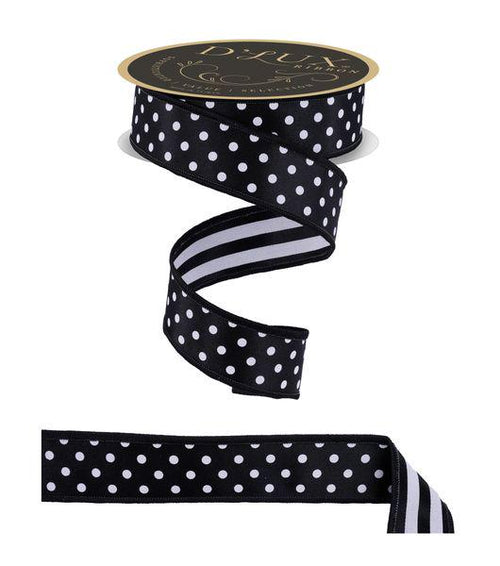 1.5" x 10yd Black & White Polka Dot Wired Ribbon – Double-Sided Stripe Back, Fused Edge for Wreaths, Bows, Gift Wrapping, Everyday Decor
