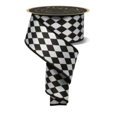 2.5" x 10yd Black & White Harlequin Wired Ribbon – Diamond Pattern Fused Edge Ribbon for Wreaths, Bows, Crafts