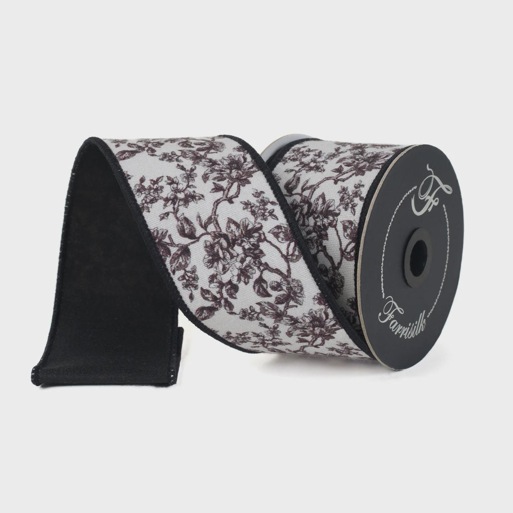 Farrisilk Blossom Toile Ribbon – Black & White 2.5" x 10yd | Elegant Wired Ribbon for Bows, Wreaths, Decor