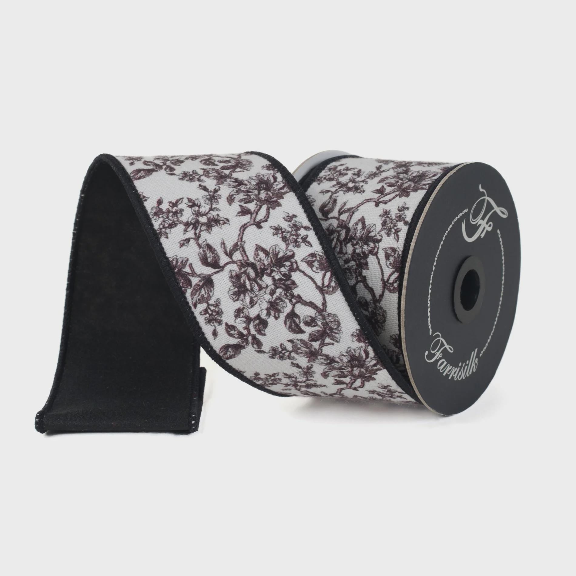Farrisilk Blossom Toile Ribbon – Black & White 2.5" x 10yd | Elegant Wired Ribbon for Bows, Wreaths, Decor