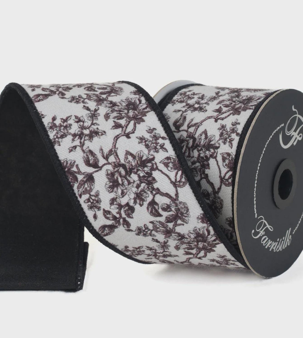 Farrisilk Blossom Toile Ribbon – Black & White 2.5" x 10yd | Elegant Wired Ribbon for Bows, Wreaths, Decor