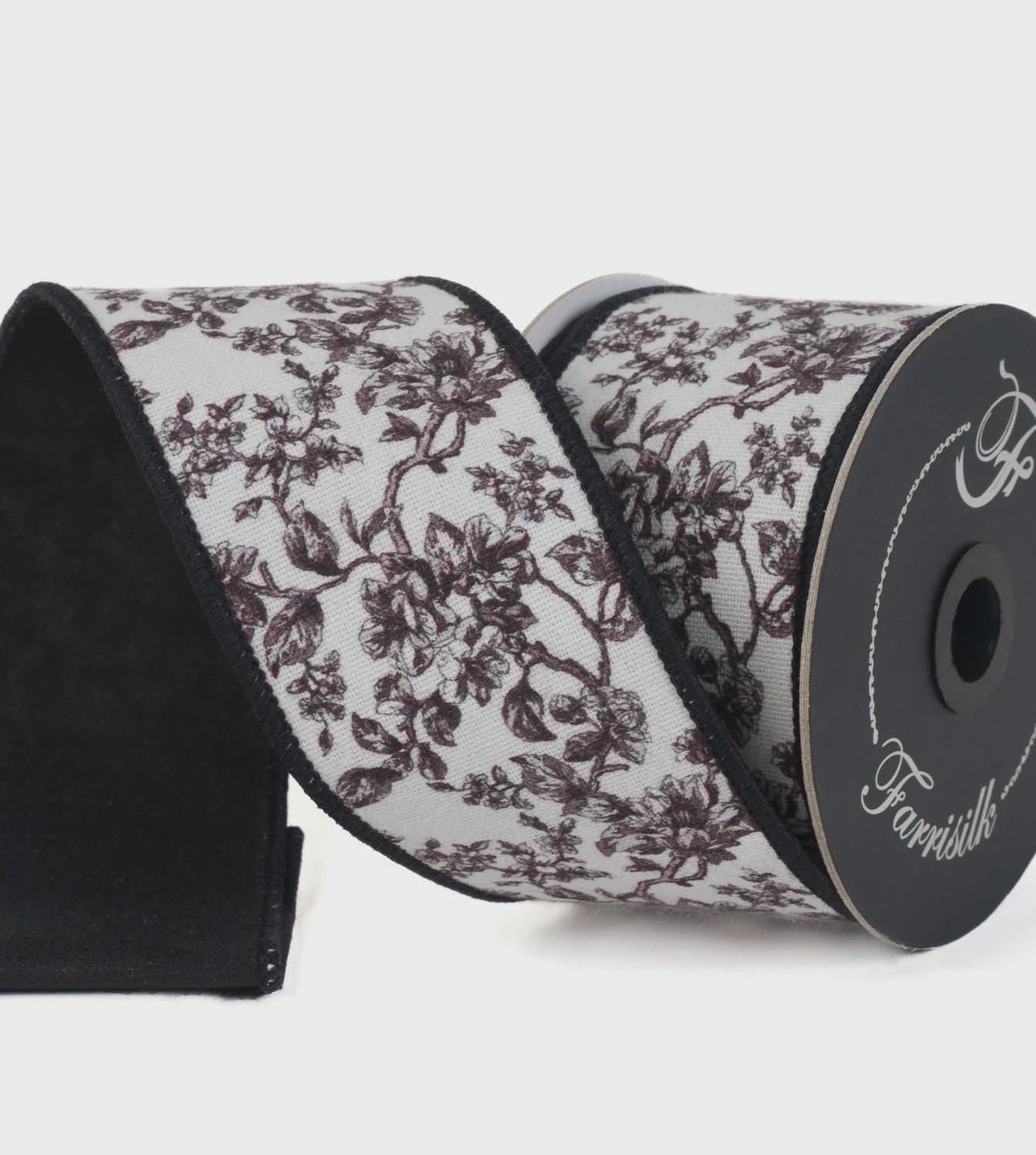 Farrisilk Blossom Toile Ribbon – Black & White 2.5" x 10yd | Elegant Wired Ribbon for Bows, Wreaths, Decor